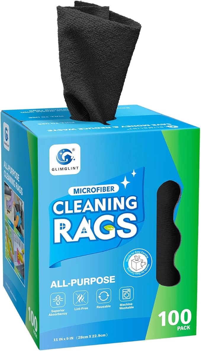 GLIMGLINT Black Microfiber Cleaning Cloth, 100 Pack Cleaning Rags, Lint-Free, Ultra Absorbent Reusable Paper Towels for Home, Kitchen, Car, Garage or Shop, Dish Rags, 11" x 9"