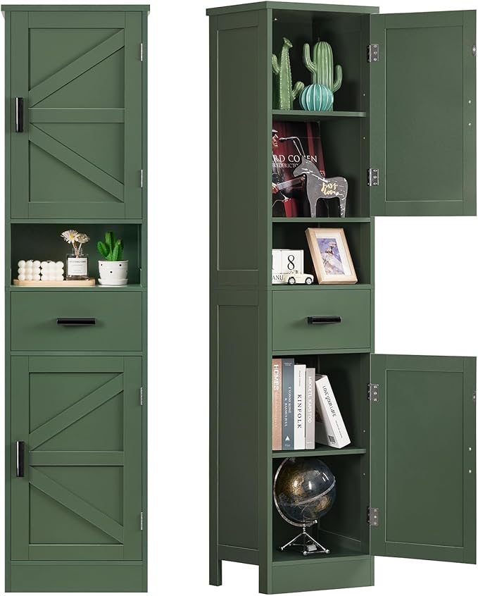TEENFON 67" H Tall Bathroom Storage Cabinet with Barn Doors and Drawer, Narrow Bathroom Cabinet, Narrow Storage Unit, Adjustable Shelves, Floor Cabinets for Living Room, Forest Green UNSNG091V