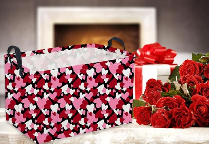 Sanjiaofeng Rectangular Valentine's Day Basket Love Storage Bins,Girls Storage Basket with Handles.Clothers,Books,Kid's Gifts Bins. (Black red heart)