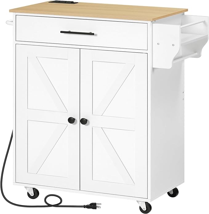 HOOBRO Kitchen Island with Power Outlet, Kitchen Storage Island with Large Worktop, Spice Rack and Drawer, Rolling Island on Wheels, for Dining Room, White and Natural