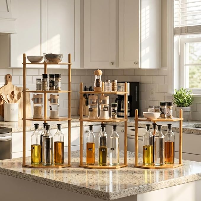 Expandable Bamboo Corner Shelf - Dish/Plate Organizer for Cabinet, Kitchen Counter Shelf & Small Kitchen Shelf, Adjustable (1, 3Tier-11.4" H)