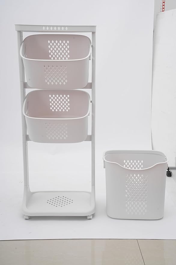 3 Tier Laundry Hamper Vertical Rolling Plastic Laundry Sorter with Wheels Detachable Laundry Basket Portable Clothes Hamper Storage Basket for Bathroom Laundry Room Bedroom