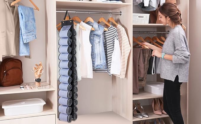 Legging Organizer, Foldable Hanging Closet Organizer with 26 Roll Compartments for Yoga Clothes, Pants, Shirts (Black)
