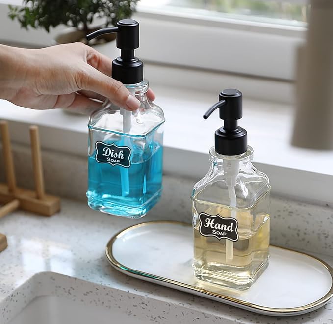 JASAI 2Pack Soap Dispenser with Rustproof Black Stain 304 Stainless Steel Pump, Stylish Hand soap Dispenser with 10Pcs Stickers, Refillable Glass Soap Dispenser for Kitchen & Bathroom.