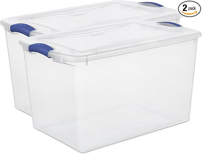 2 Pack 66 Quart Durable Storage Bin – Clear Plastic Container with Secure Blue Latch Lid, Stackable for Home, Closet, Garage, Basement & Attic Organization