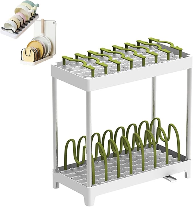 Double-Layer Pot and Pan Lid Organizer with Drainage, Adjustable 16 Compartments for Kitchen Cabinets - Bakeware, Cookware, Cutting Boards & Dishes (Nordic Green)