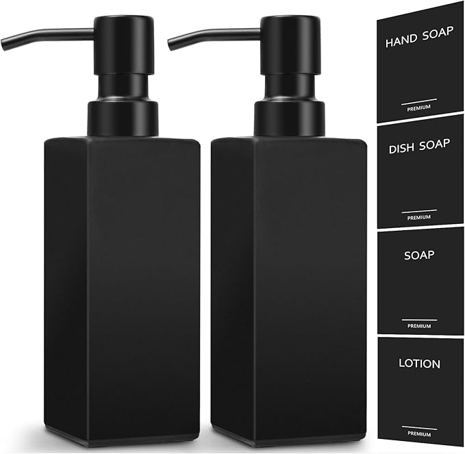 GMISUN Black Soap Dispenser Bathroom, Glass Hand Soap Dispenser with Stainless Steel Pump, 12 fl oz/350ml Refillable Dish Dispensers for Kitchen, Modern Liquid Lotion Bottles for Bathroom Countertop