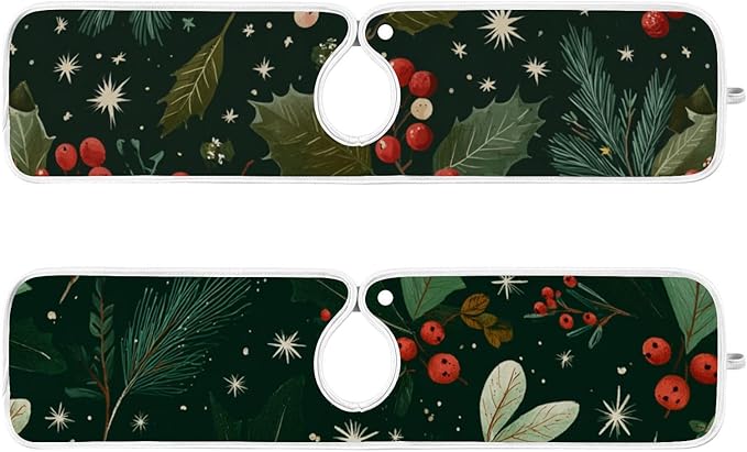 Sink Faucet Absorbing Mat Kitchen Sink Splash Guard Splash Faucet Drip Catcher for Bar RV Bathroom 2PCS 14.9x5.5in Green Christmas Holly Berries Pine Needles Leaves