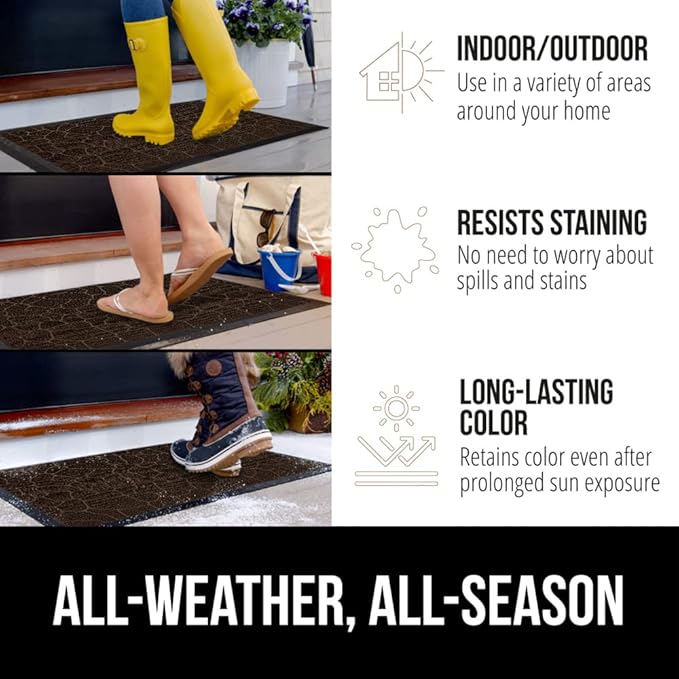 GORILLA GRIP 100% Waterproof All-Season WeatherMax Doormat, US Designed Natural Rubber, Stain and Fade Resistant, Low Profile Indoor Outdoor Door Mats, Easy Clean Patio Mat, 17x29, Dark Brown Pebble