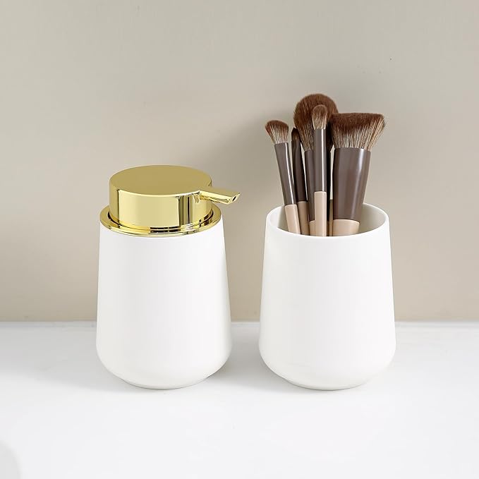 White and Gold Bathroom Accessories 2 Piece Set Plastic Soap Dispenser and Toothbrush Holder for Modern Bathroom Decor