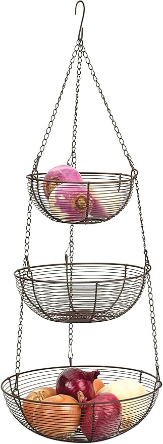 RSVP International Hanging Storage Collection 3-Tier Baskets, Bronze Woven Wire (Pack of 3)