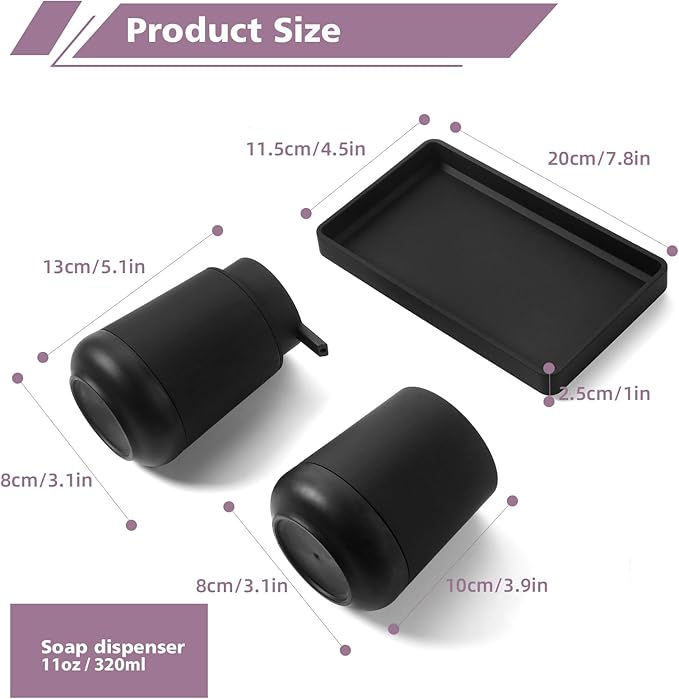 Black Bathroom Countertop Accessories Set - Soap Dispenser and Toothbrush Holder with Silicone Boot,Vanity Tray (Black Liquid)