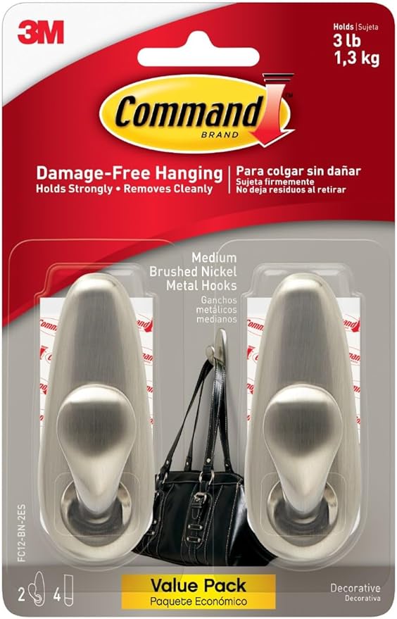 Command Medium Brushed Nickel Hooks, 2 Wall Hook and 4 Strips, Damage-Free Hanging with Adhesive, No Tools Hanging Home and Room Decor, Holds up to 3 lb