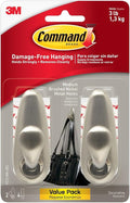 Command Medium Brushed Nickel Hooks, 2 Wall Hook and 4 Strips, Damage-Free Hanging with Adhesive, No Tools Hanging Home and Room Decor, Holds up to 3 lb