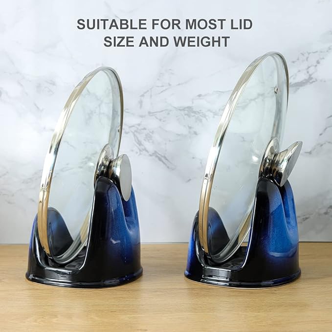 Nihow Pot Lid Holder: Stable Ceramic Pan Lid Holder for Kitchen Counter Decor/Countertop/Stove Top- Heat Resistant & Dishwasher Safe - Elegant Black & Blue Set of 2