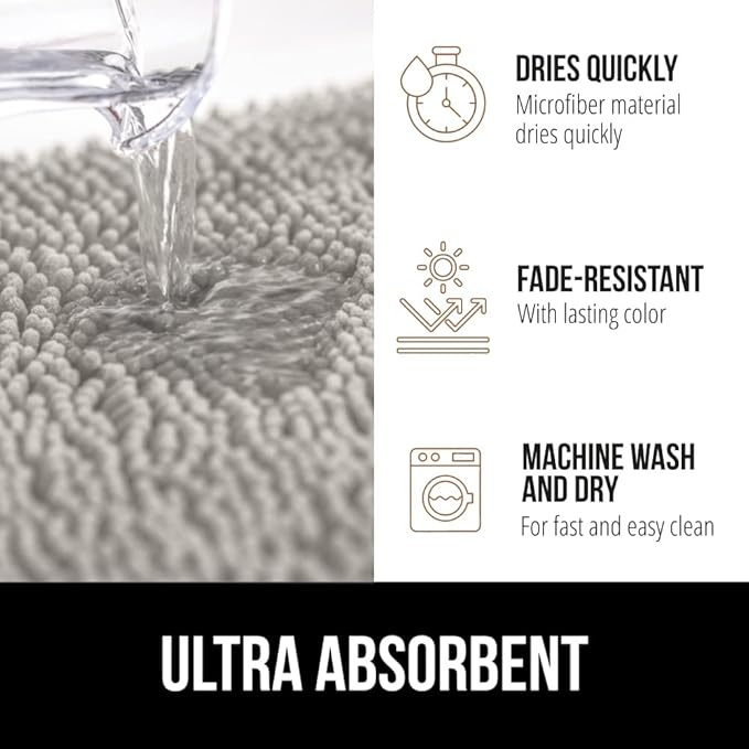 GORILLA GRIP Plush Absorbent Shaggy Chenille Bath Rug Mat for Square Toilet Base with Rubber Backing, Machine Washable Rugs, Soft Microfiber Contour Mats for Toilets, Bathroom Decor, Lt Gray