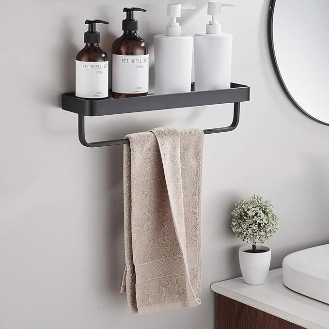 15.7 Inch Bathroom Tempered Glass Shelf with Towel Bar,Wall Mounted Aluminum Shower Organizer,Over Toilet Storage Cabinet,Matte Black,Kitchen Rectangular Vanity Rack