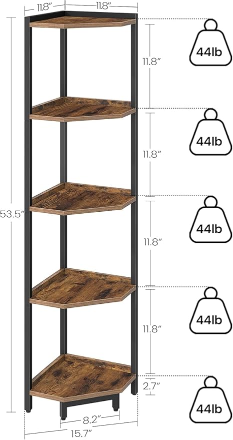 Corner Shelf Stand, Corner Bookshelf, Storage Standing Shelf Unit with Metal Frame, Plant Stand, Bookcase for Living Room, Home Office, Bedroom, 5-Tier Rustic Brown CS05901B