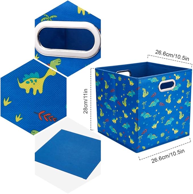 10.5 inch Storage Cubes Dinosaur Decor Storage Bins Blue Fabric Storage Boxes Foldable Storage Basketes Collapsible Cube Inserts for Cube Organizers Drawer,QY-SC13-3