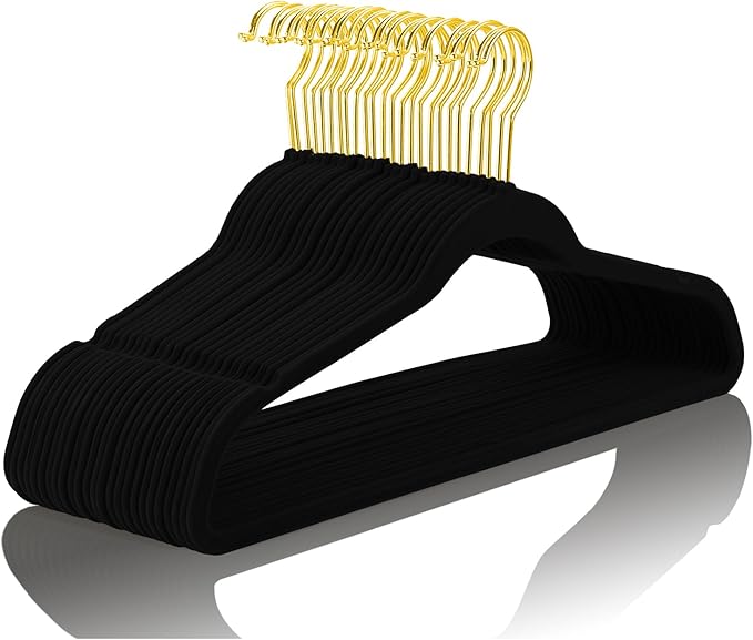 MIZGI Premium Velvet Hangers Pack 50 Pcs Heavyduty - Non Slip Slimline - Velvet Suit Hangers Black - Gold Hooks,Space Saving Clothes Hangers …