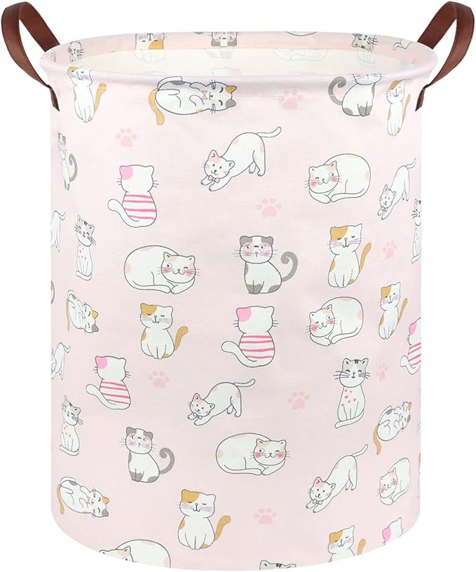 Pink Hamper,Cat Laundry Basket,Canvas Fabric Collapsible Cute Storage Baskets with Handles,Pink Clothes Hamper,Kids Toy Storage Basket,Toy Organizer,Cat Room Decor(Pink Cat)
