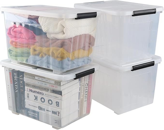 Ewingger 50 L Plastic Lidded Storage Bin, 4 Pack Clear Latching Storage Box with Wheels
