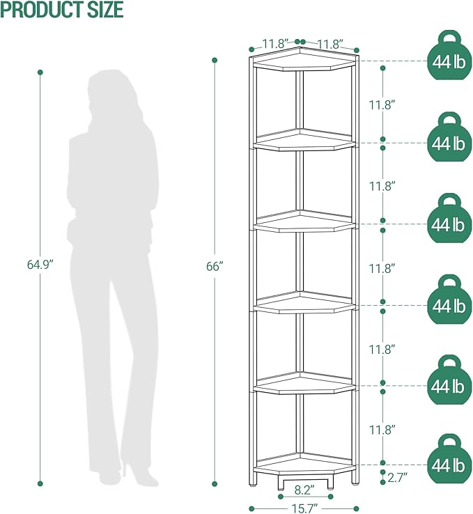 Corner Shelf Stand, Corner Bookshelf, Storage Standing Shelf Unit with Metal Frame, Plant Stand, Bookcase for Living Room, Home Office, Bedroom, 6-Tier White Gold CS06003A