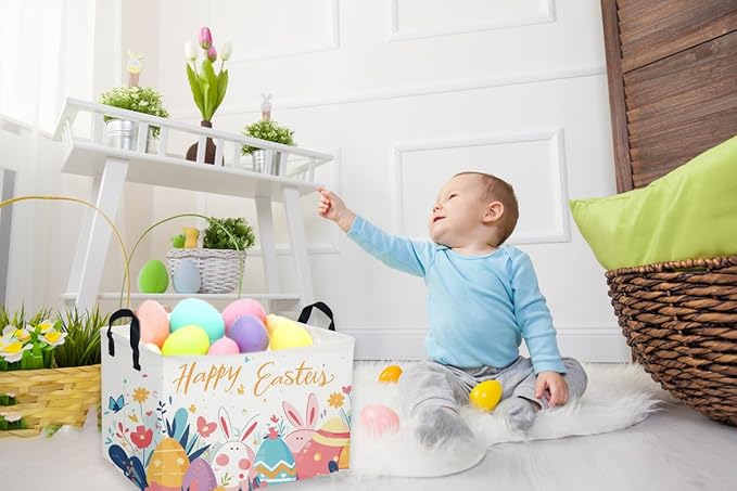 Rectangular Easter Baskets, Kids Easter Storage Bins Organizer.Cute Storage Basket with Handles.Boys and Girls,Easter Bunny Eggs Decor,Toys,Books,Easter Gifts (Easter Eggs)