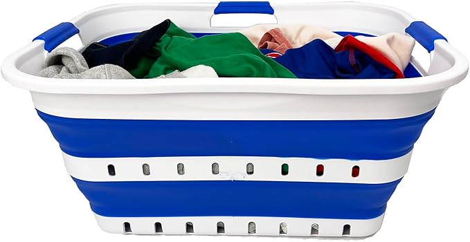 SAMMART 42L (11 gallon) Collapsible Plastic Laundry Basket - Foldable Pop Up Storage Container/Organizer - Space Saving Hamper/Basket (1, White/Dark Blue)