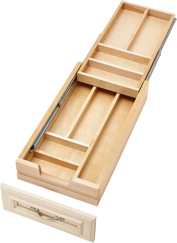 Rev-A-Shelf Two-Tier Kitchen Utensil Drawer Organizer & Pullout Cutlery Tray, Soft-Close Slides, 12" Cabinet Opening, Wood, 4WTCD-15HSC-1