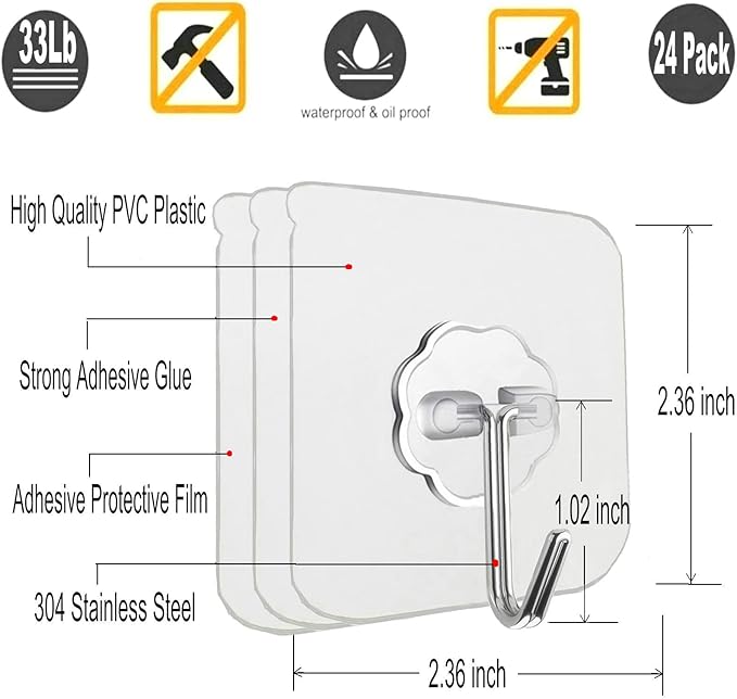 24 Pack Self Adhesive Hooks Heavy Duty - 33lb Max, Transparent, Waterproof, Sticky Wall Hooks for Keys, Bathroom, Shower, Outdoor, Kitchen, Door, Home Improvement, Utility Hooks
