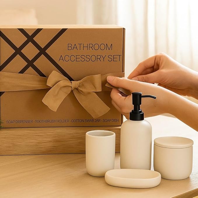 Ceramic Bathroom Accessories Set 4 Pcs – Modern Scandinavian Neutral Bathroom Soap Dispenser Set with Toothbrush Holder, Soap Dish & Cup – Minimalist Bathroom Accessory Set Decor - Cream/Light Beige