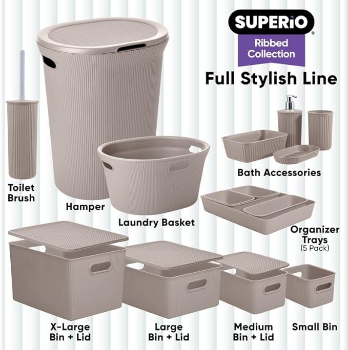 Decorative Plastic Basket Open Home Storage Bins Organizer, X-Large Taupe (4 Pack) Container Boxes for Organizing Closet Storage Bins for Shelves Drawer Shelf - Ribbed Collection 22 Liter/23 Quart