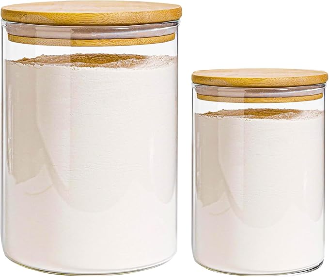 COBKSXUEP 2pcs Glass Storage Canister with Airtight Lid Kitchen Clear Flour Sugar Storage Jar Large Glass Containers with Bamboo Lids Suitable for Coffee Beans Biscuits Pasta and Cereals