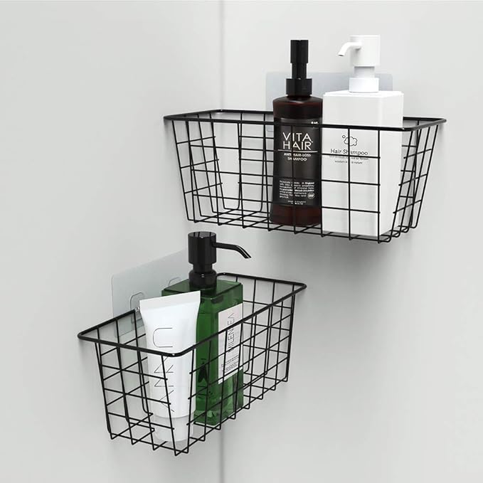 MaraFansie Hanging Kitchen Baskets Wire Storage Basket Over the Cabinet Door Organizer, No Drilling Adhesive Basket for Cabinet Pantry Organization and Kitchen, Bathroom, Storage, 2 Pack, Black