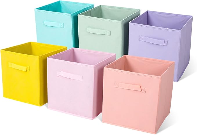 Fabric Storage Bins 6 Pack 11 inch Foldable Storage Cubes with Handles Fun Colored Durable Cube Storage Bin for Home, Playroom, Closet Organizers and Storage Green, Cyan, Purple, Yellow, Pink, Peach