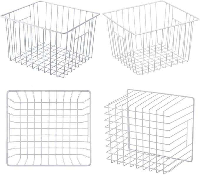 Freezer Wire Baskets, Kitchen Storage Organizer Bins for Chest and Upright Freezer, Refrigerator Dividers Containers with Handles - Pearl White (4)