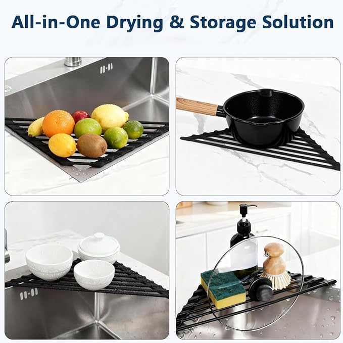 Credon Triangle Roll Up Dish Drying Rack, Foldable Anti-Slip Kitchen Sink Drainer Organizer, Silicone Coated Stainless Steel Frame, Multipurpose Over Sink Corner Caddy for Space Saving (Black)