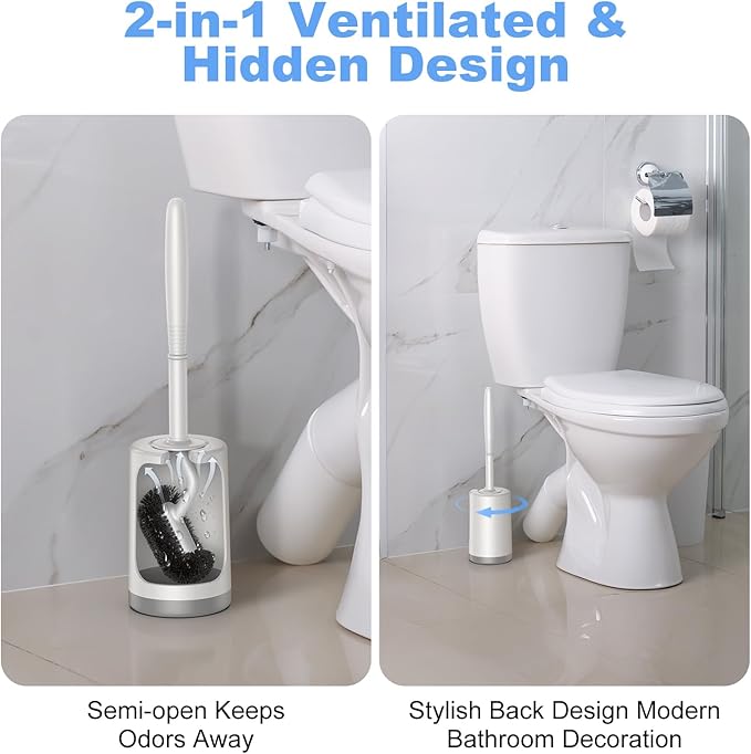 HAMITOR Toilet Bowl Brush Holder Set: Curved Design with Holder for Deep Cleaning Under Rim - Compact Hidden Scrubber for Small Space - Modern RV Bathroom Accessories - 3 Pack