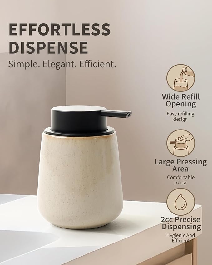 BosilunLife Hand Soap Dispenser - Ceramic Dish Soap Dispenser for Bathroom 12ounce Refillable Liquid Hand Wash Dispenser for Essential Oil, Lotion Soap, Greige with Speckle