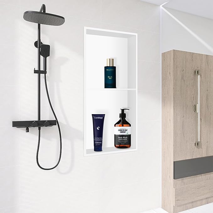 BATHFINESSE Shower Niche 12 X 24 in No Tile Needed, White Double Shelves Recessed Wall Niche Shelf for Bathroom Storage, Stainless Steel