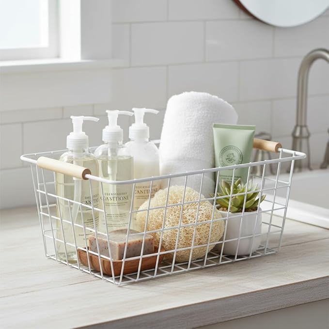 Metal Wire Food Storage Basket Organizer with Wooden Handles for Organizing Kitchen Cabinets 6 Pack (White, Medium)
