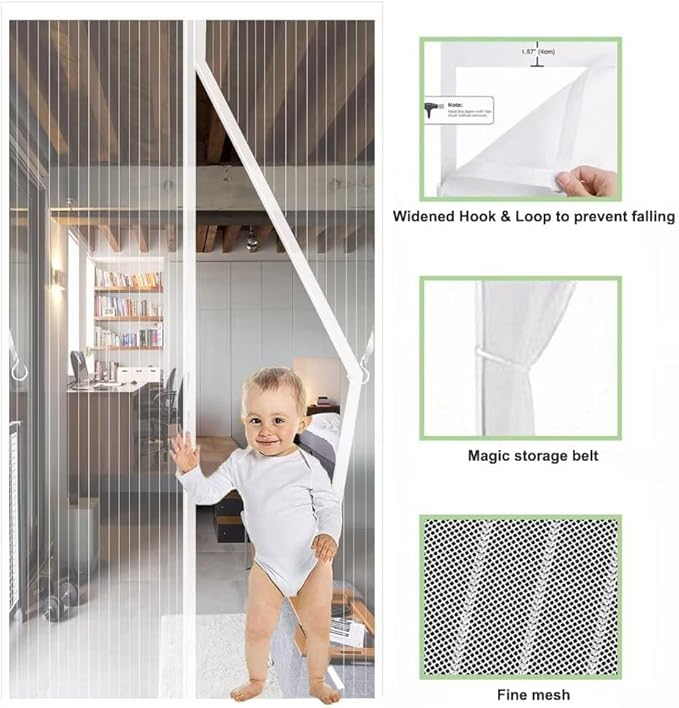 Magnetic Screen Door Fit Door Size 65×96 inch, Screen Itself Size:67"x97", Hands Free Self Sealing, Full Frame Magic Tape Mesh Screen Door with Magnets Heavy-Duty Mesh Curtain for Entry Door-White