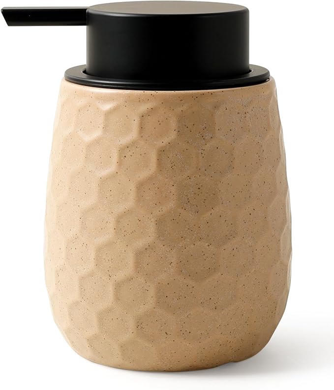 Soap Dispenser, 12OZ Ceramic Liquid Hand Soap Dispenser with Honeycomb Design for Kitchen or Bathroom, Khaki Refillable Dish Lotion Dispenser, ANTIS'S HOME