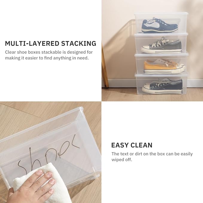 Shoe Storage Box Clear Plastic Stackable Storage box with Lid Durable Closet Containers for Shoes, Crafts and Art Supplies (12 Pack-6Qt)