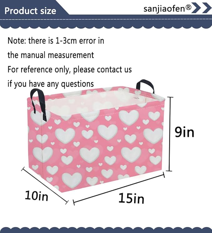 Sanjiaofeng Rectangular Valentine's Day Basket Love Storage Bins,Girls Storage Basket with Handles.Clothers,Books,Kid's Gifts Bins. (Pink Valentine's Day)