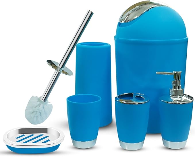 Bathroom Accessories Set, 6-Piece Plastic Gift Set, Toothbrush Holder, Toothbrush Cup, Soap Dispenser, Soap Dish, Toilet Brush Holder, Trash Can (Blue)
