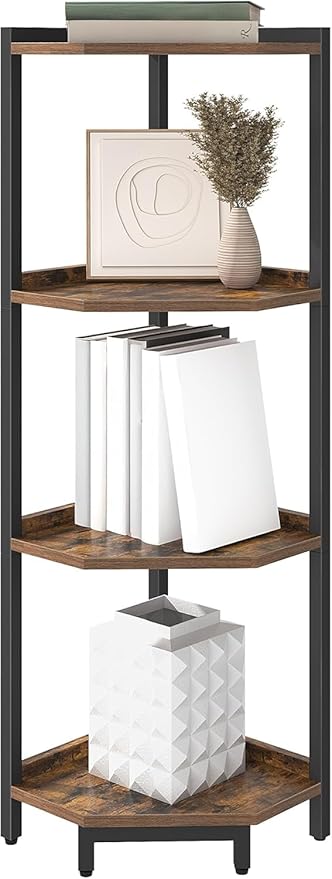 Corner Shelf Stand, Corner Bookshelf, Storage Standing Shelf Unit with Metal Frame, Plant Stand, Bookcase for Living Room, Home Office, Bedroom, 4-Tier Rustic Brown CS05801B