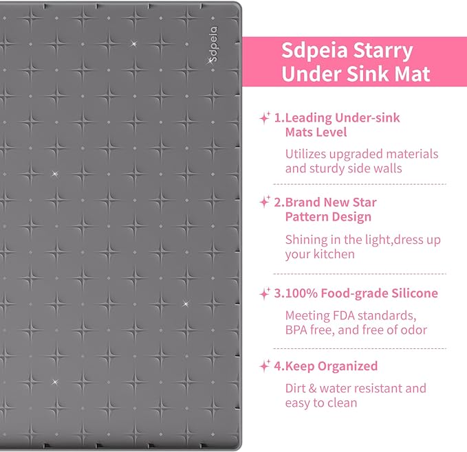 Sdpeia Under Sink Mat 34"×22" Waterproof Silicone Cabinet Liner & Sink Protector for Kitchen & Bathroom, Multi-Purpose Organizers Tray for Pets, Laundry, Cat Litter Mat, Gray