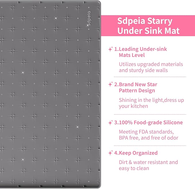 Sdpeia Under Sink Mat 22"×22" Waterproof Silicone Cabinet Liner & Sink Protector for Kitchen & Bathroom, Multi-Purpose Organizers Tray for Pets, Laundry, Cat Litter Mat,Gray